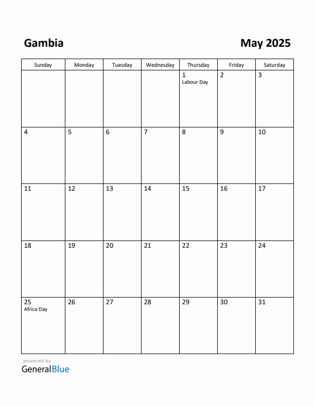 May 2025 Calendar with Gambia Holidays