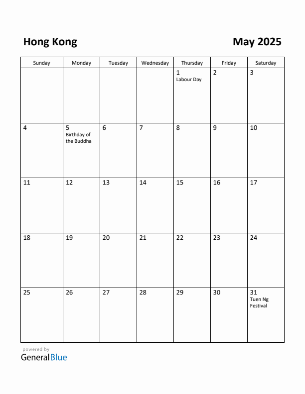 May 2025 Calendar with Hong Kong Holidays