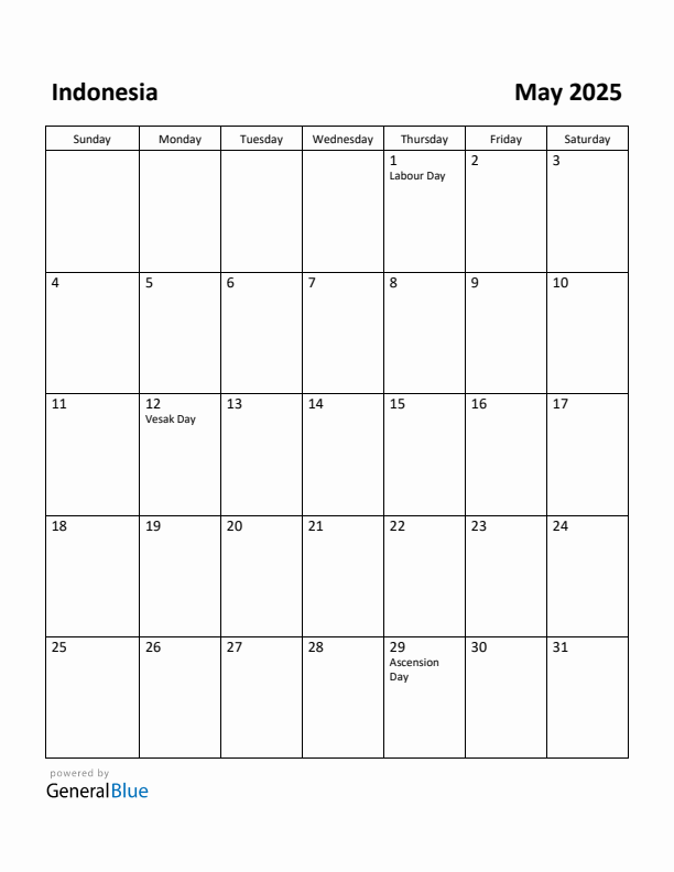 May 2025 Calendar with Indonesia Holidays