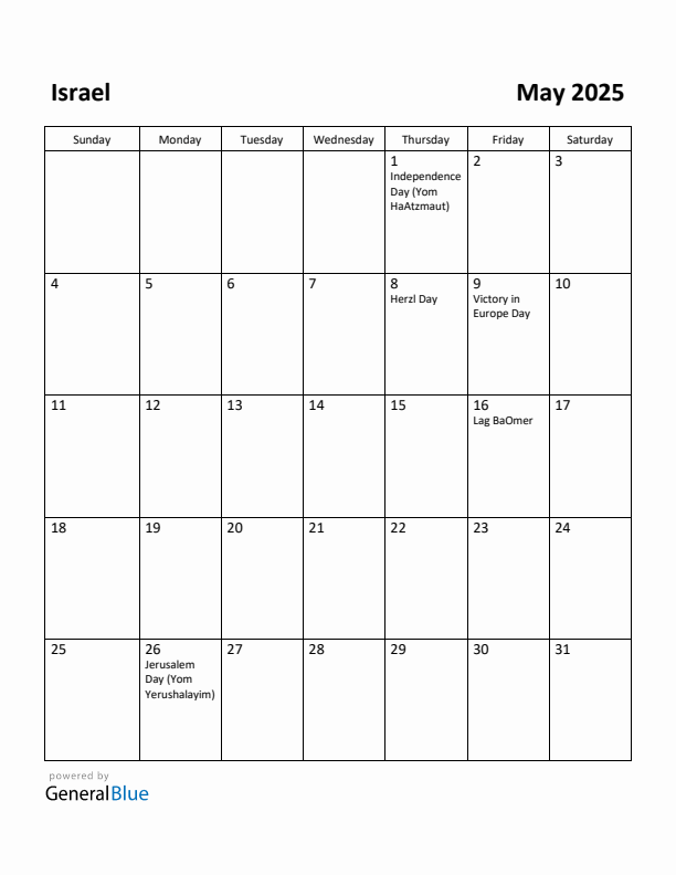 May 2025 Calendar with Israel Holidays