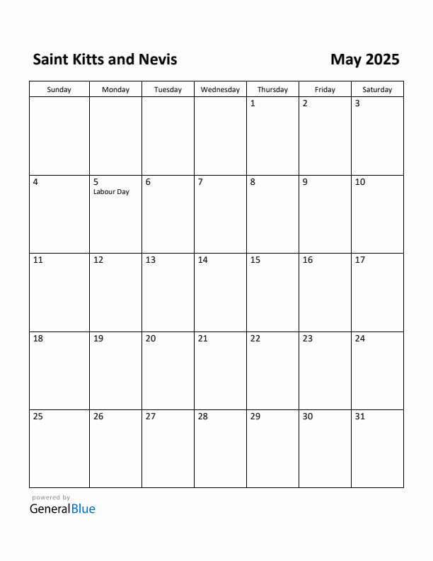 May 2025 Calendar with Saint Kitts and Nevis Holidays