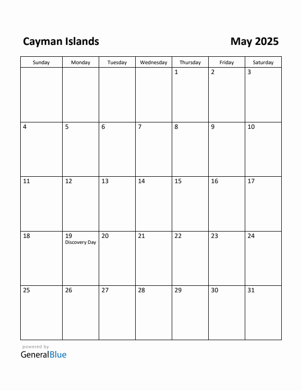 May 2025 Calendar with Cayman Islands Holidays