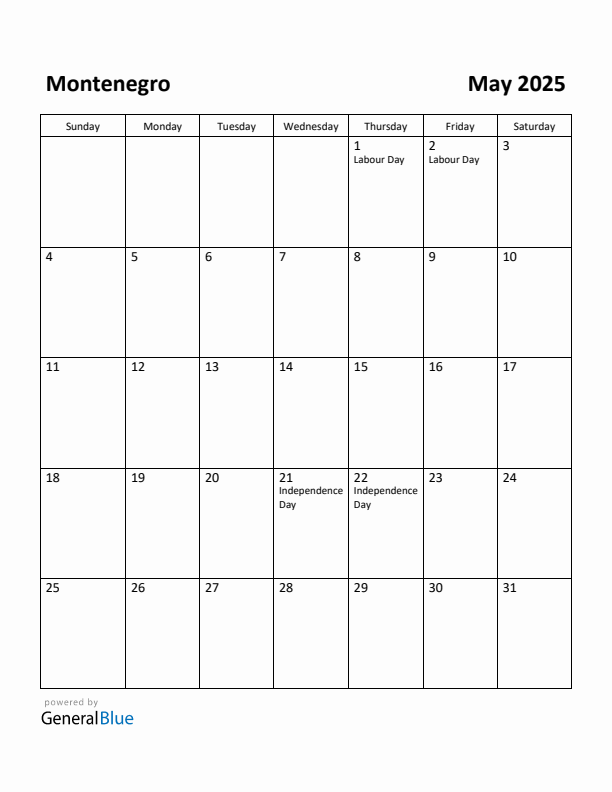 May 2025 Calendar with Montenegro Holidays
