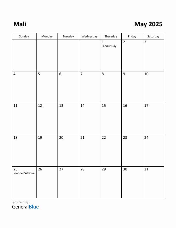 May 2025 Calendar with Mali Holidays