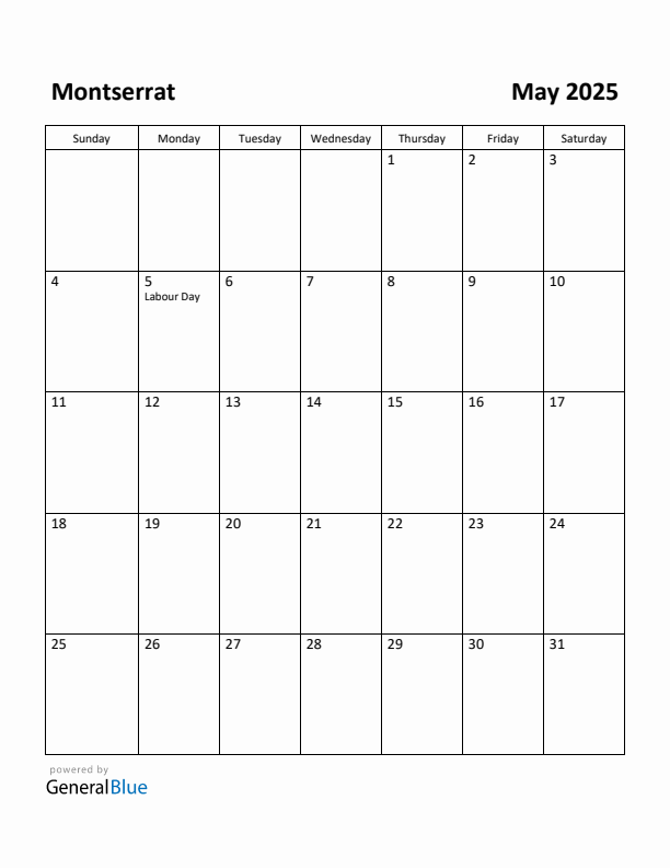 May 2025 Calendar with Montserrat Holidays