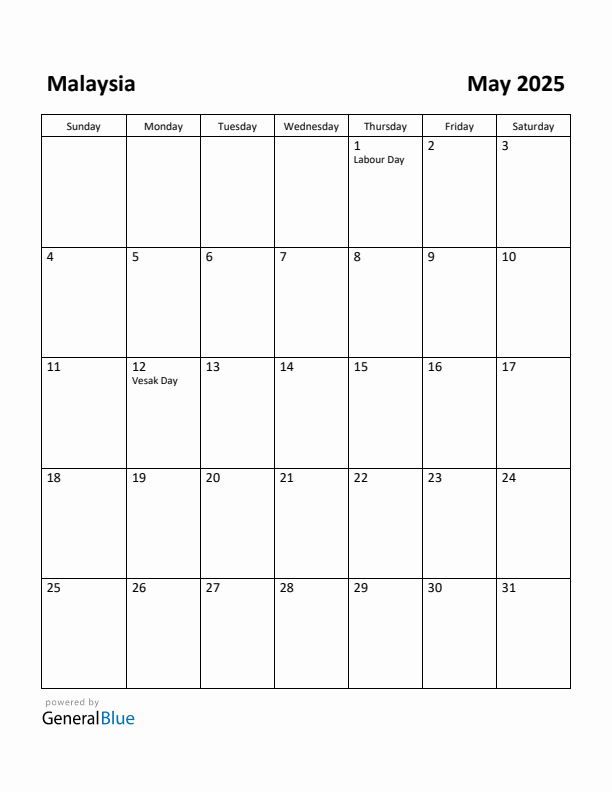 May 2025 Calendar with Malaysia Holidays