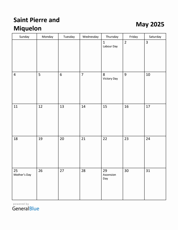 May 2025 Calendar with Saint Pierre and Miquelon Holidays