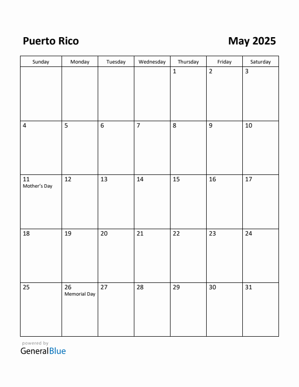 May 2025 Calendar with Puerto Rico Holidays
