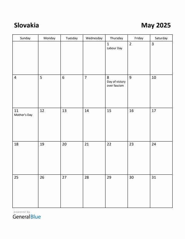May 2025 Calendar with Slovakia Holidays