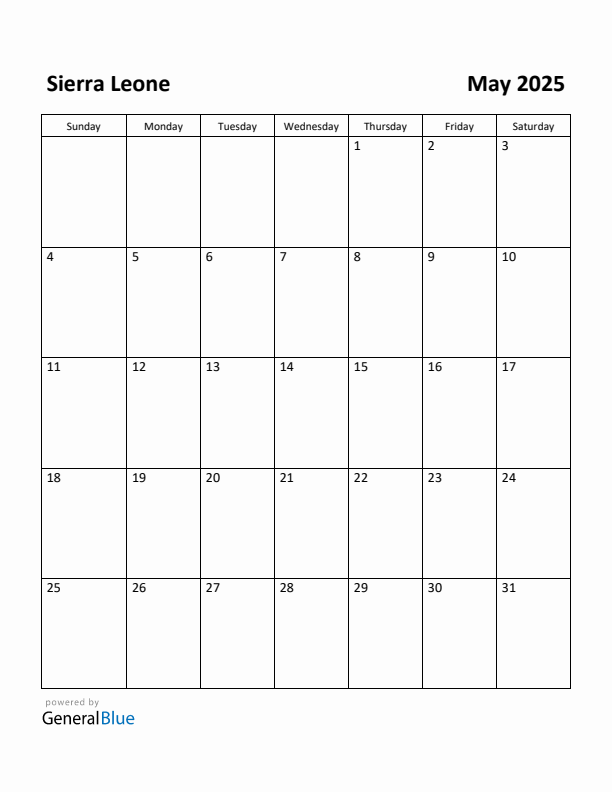 May 2025 Calendar with Sierra Leone Holidays