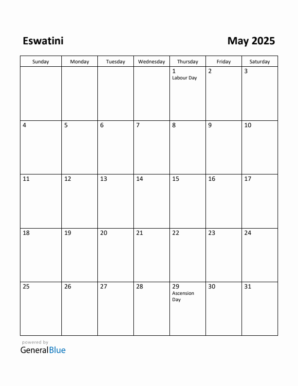 May 2025 Calendar with Eswatini Holidays