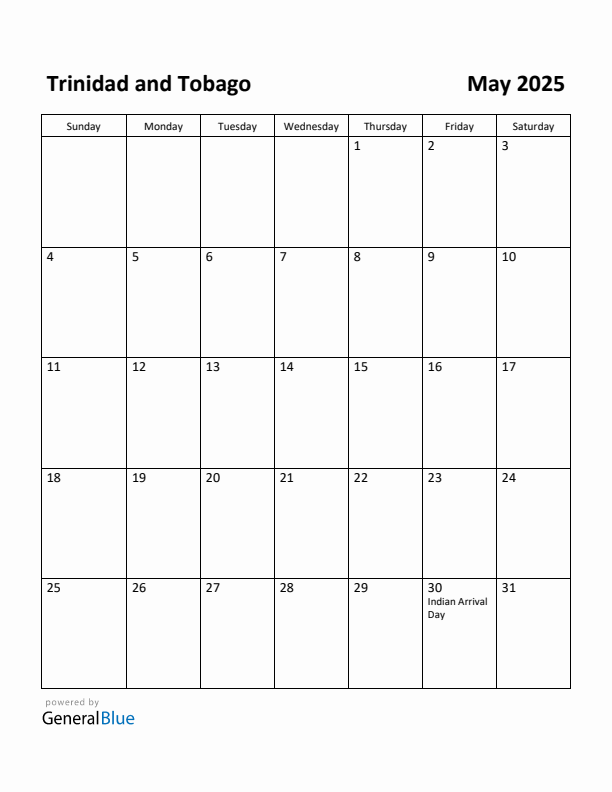 May 2025 Calendar with Trinidad and Tobago Holidays