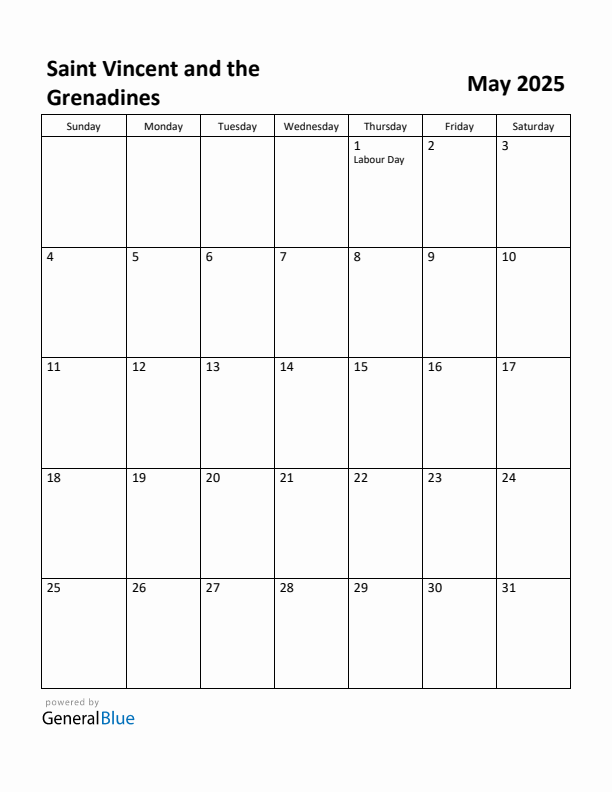 May 2025 Calendar with Saint Vincent and the Grenadines Holidays