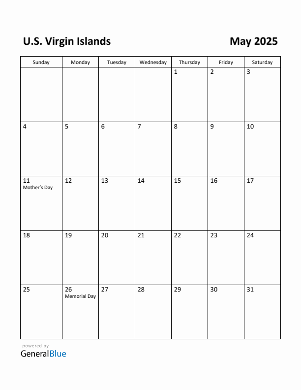 May 2025 Calendar with U.S. Virgin Islands Holidays