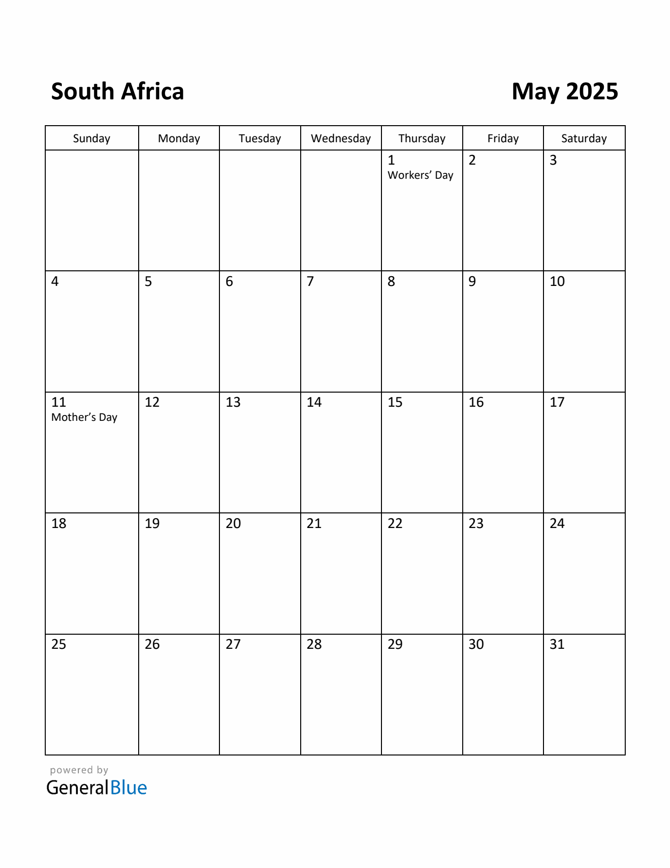 May 2025 Calendar with South Africa Holidays