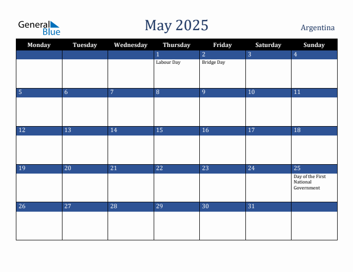 May 2025 Argentina Calendar (Monday Start)