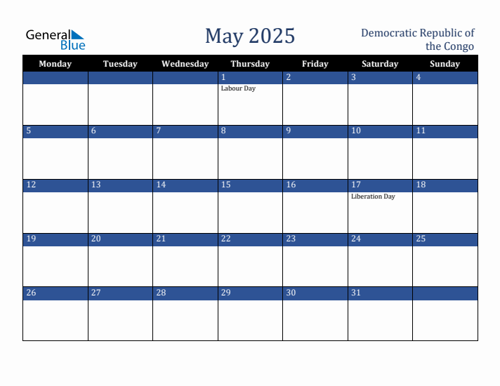 May 2025 Democratic Republic of the Congo Calendar (Monday Start)