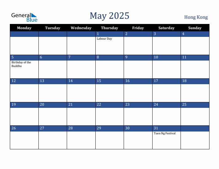 May 2025 Hong Kong Calendar (Monday Start)