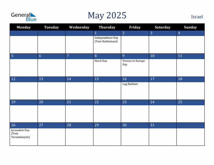 May 2025 Israel Calendar (Monday Start)