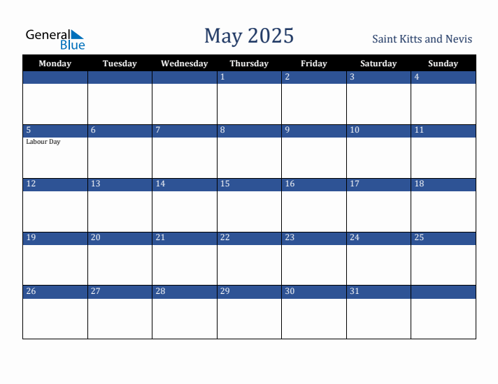 May 2025 Saint Kitts and Nevis Calendar (Monday Start)