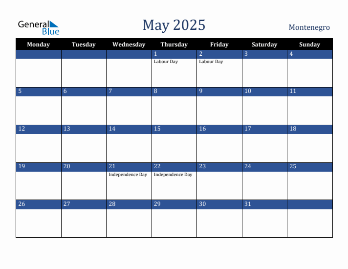 May 2025 Montenegro Calendar (Monday Start)