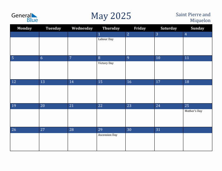 May 2025 Saint Pierre and Miquelon Calendar (Monday Start)