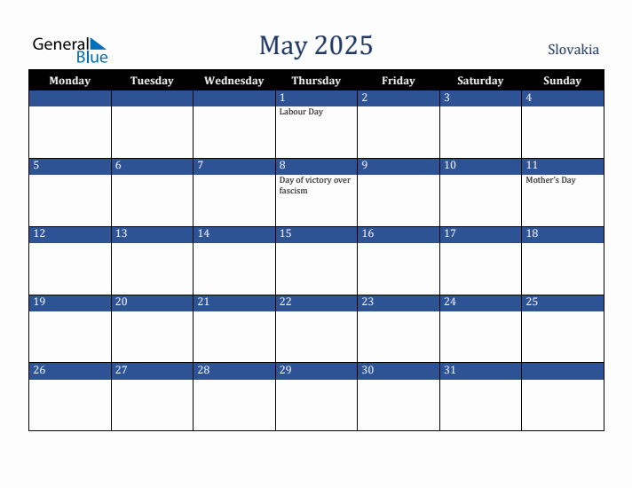 May 2025 Slovakia Calendar (Monday Start)
