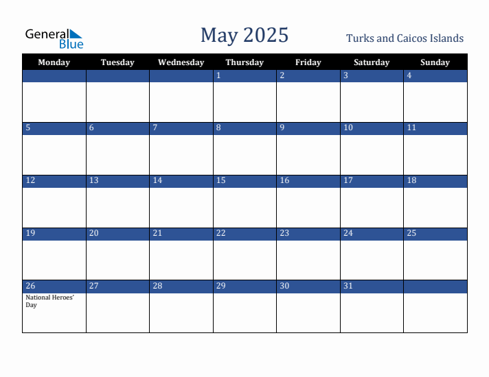 May 2025 Turks and Caicos Islands Calendar (Monday Start)