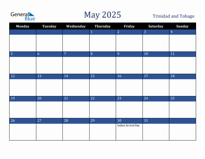 May 2025 Trinidad and Tobago Calendar (Monday Start)