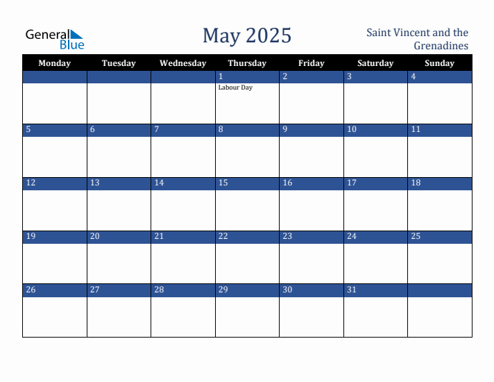 May 2025 Saint Vincent and the Grenadines Calendar (Monday Start)