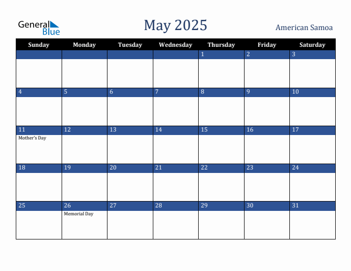 May 2025 American Samoa Calendar (Sunday Start)