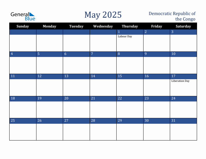 May 2025 Democratic Republic of the Congo Calendar (Sunday Start)