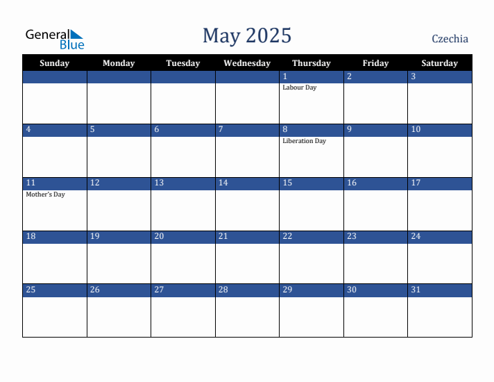 May 2025 Czechia Calendar (Sunday Start)
