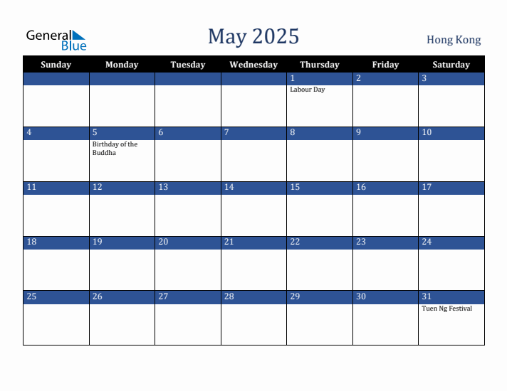 May 2025 Hong Kong Calendar (Sunday Start)
