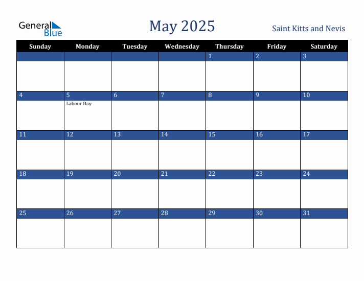 May 2025 Saint Kitts and Nevis Calendar (Sunday Start)