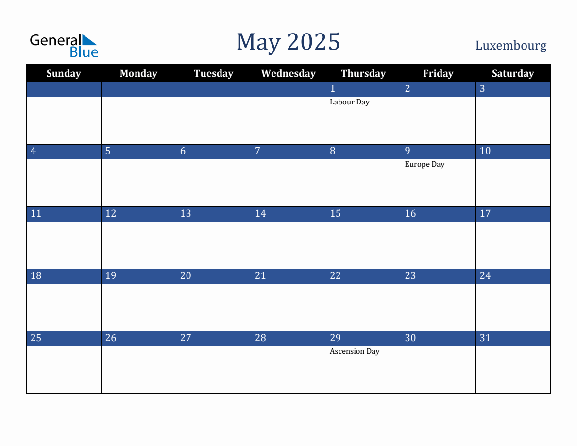 May 2025 Luxembourg Holiday Calendar