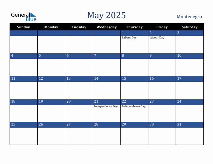May 2025 Montenegro Calendar (Sunday Start)