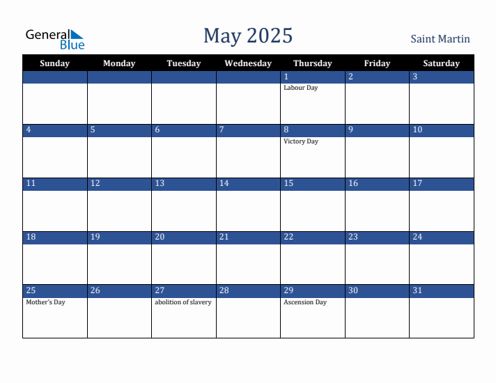 May 2025 Saint Martin Calendar (Sunday Start)
