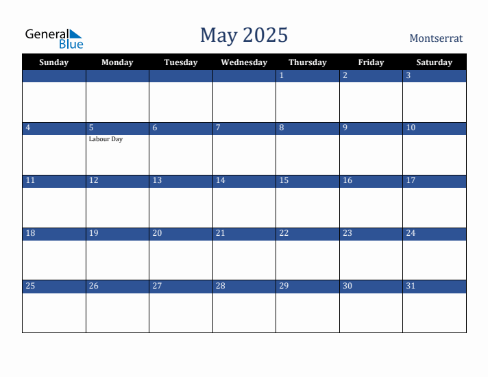 May 2025 Montserrat Calendar (Sunday Start)