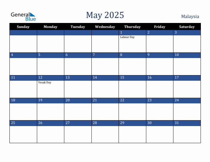 May 2025 Malaysia Calendar (Sunday Start)
