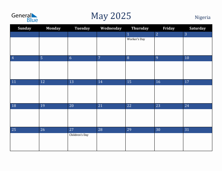 May 2025 Nigeria Calendar (Sunday Start)