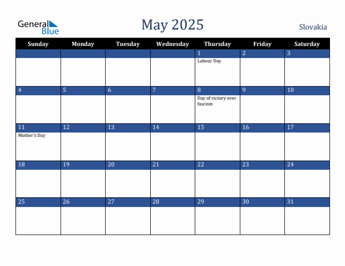 May 2025 Slovakia Calendar (Sunday Start)