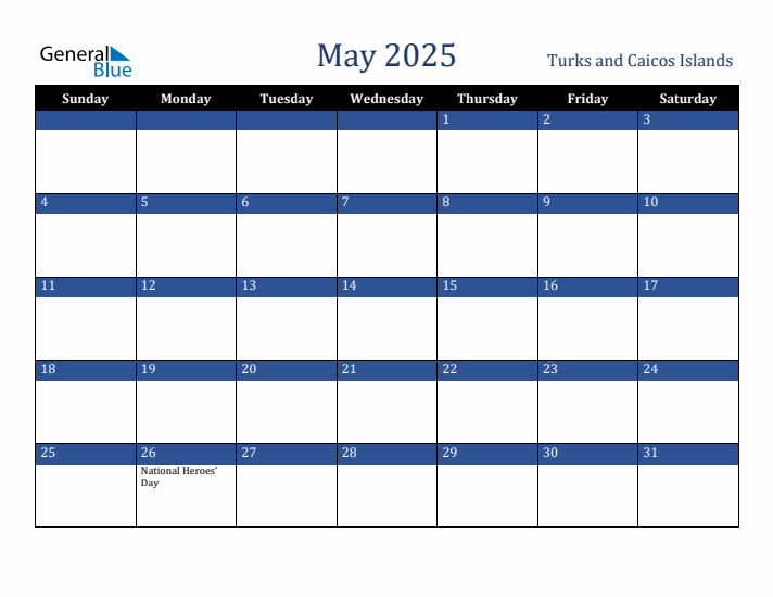 May 2025 Turks and Caicos Islands Calendar (Sunday Start)