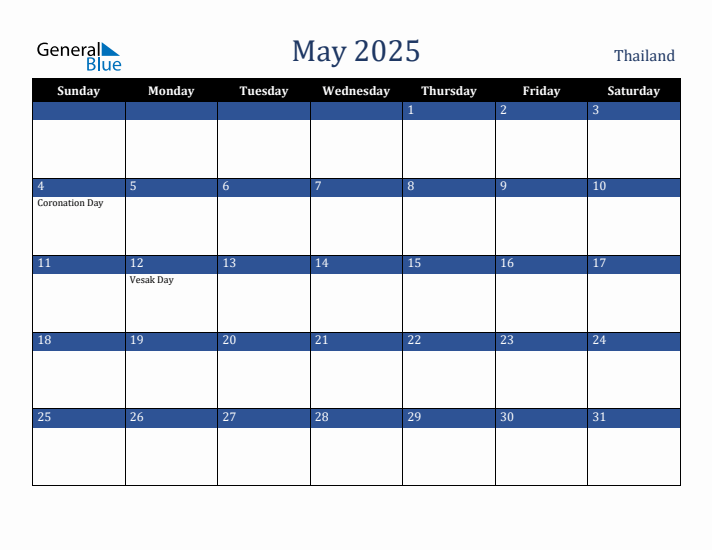 May 2025 Thailand Calendar (Sunday Start)