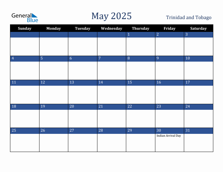 May 2025 Trinidad and Tobago Calendar (Sunday Start)