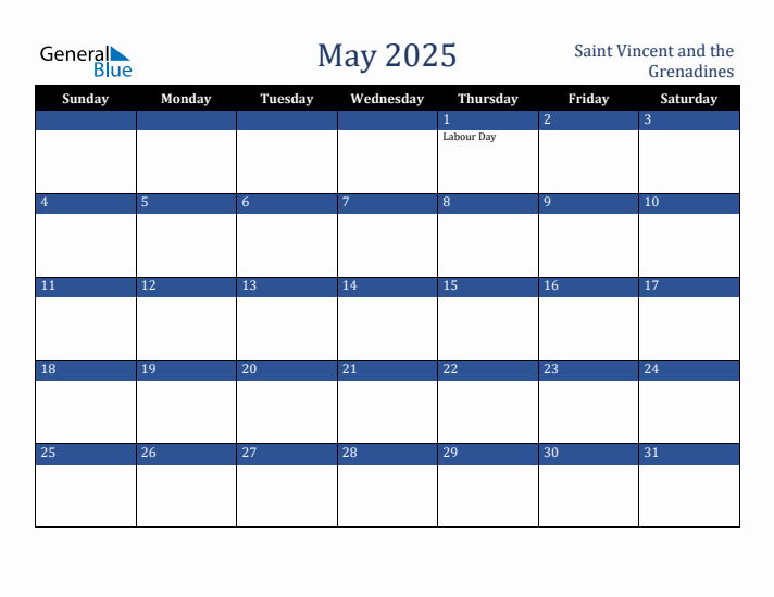 May 2025 Saint Vincent and the Grenadines Calendar (Sunday Start)
