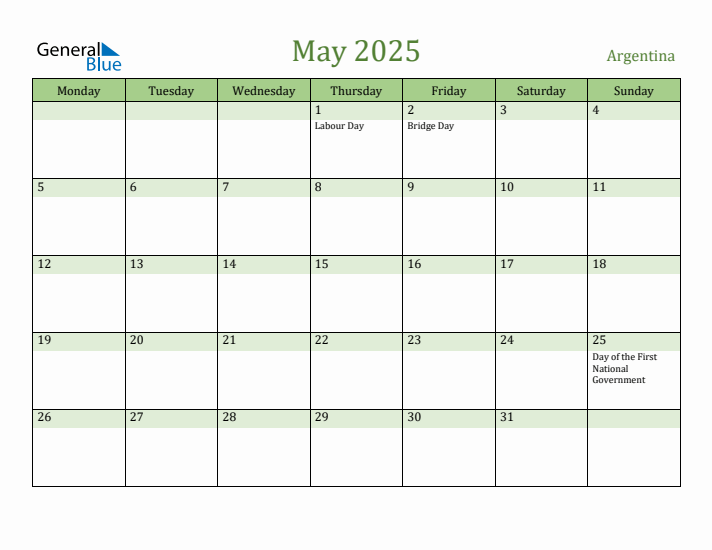 May 2025 Calendar with Argentina Holidays