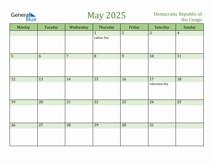 May 2025 Calendar with Democratic Republic of the Congo Holidays