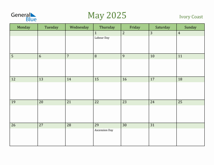 May 2025 Calendar with Ivory Coast Holidays