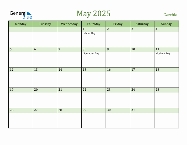 May 2025 Calendar with Czechia Holidays